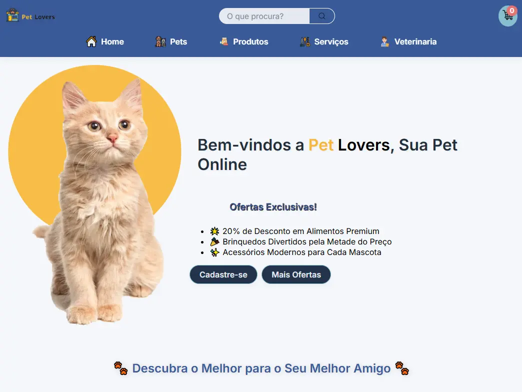 Screenshot of Pet Lovers Store home page
